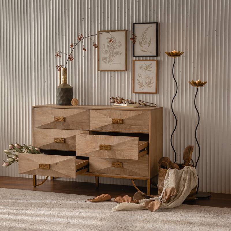 Modern Sideboard Console Table 6-Drawer Dresser for Bedroom, Natural Wood Chest of Drawers with Metal Legs - Natural Wood