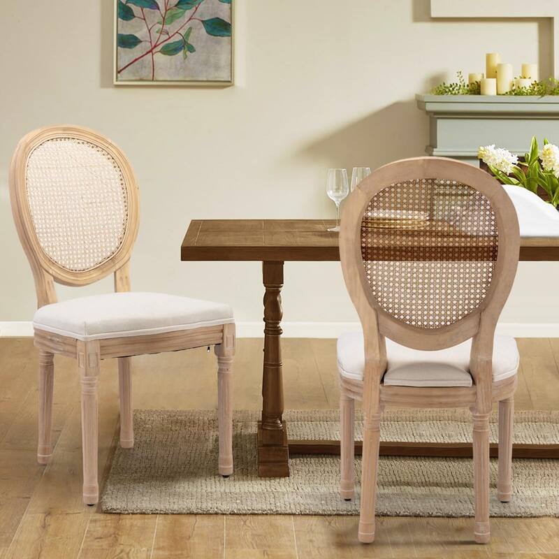 Upholstered French Style Nailhead Dining Chairs(Set of 2) - Beige Linen