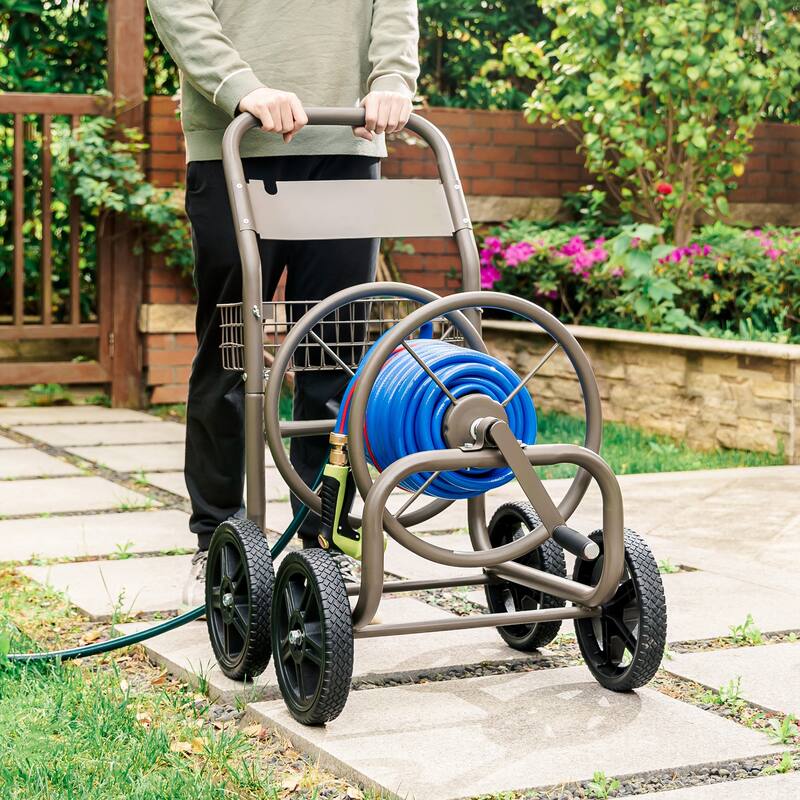 Glitzhome 36"H Steel Garden 4-Wheel Reel Cart with Hose