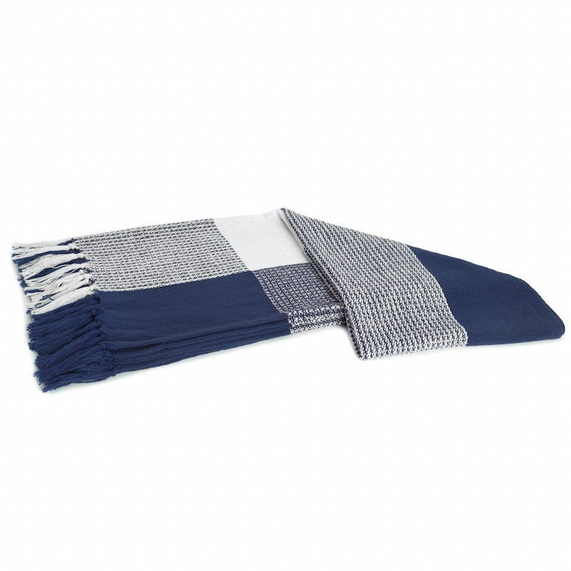50" X 60" Blue and White Woven Cotton Checkered Throw Blanket with Fringe