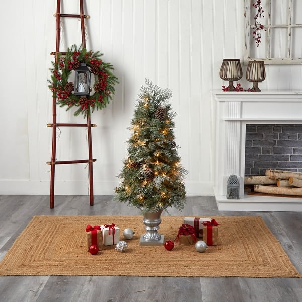 slide 2 of 10, 4' English Pine Xmas Tree in Urn with 413 Tips and 100 LEDs - 48” H x 23” W x 23” D Green-Yellow