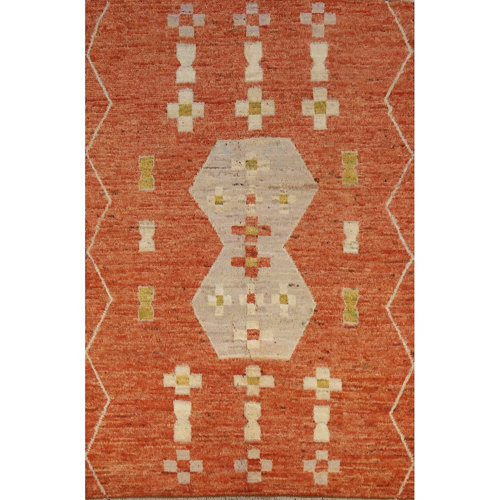 Geometric Moroccan Oriental Area Rug Hand-Knotted Orange Wool Carpet - 5'6" x 7'10"