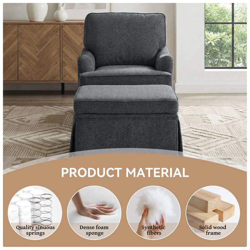 Chenille Swivel Accent Chair Storage Ottoman Set with Nailhead Trim Skirt