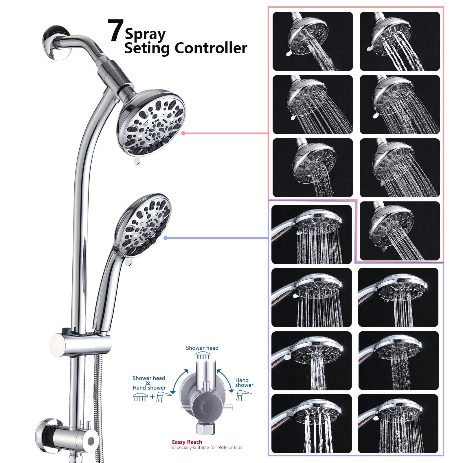 Proox 7-Sprayer Dual Head Shower Faucet Drill-Free slide bar combo Bathtub  Spout Included Valve - 5