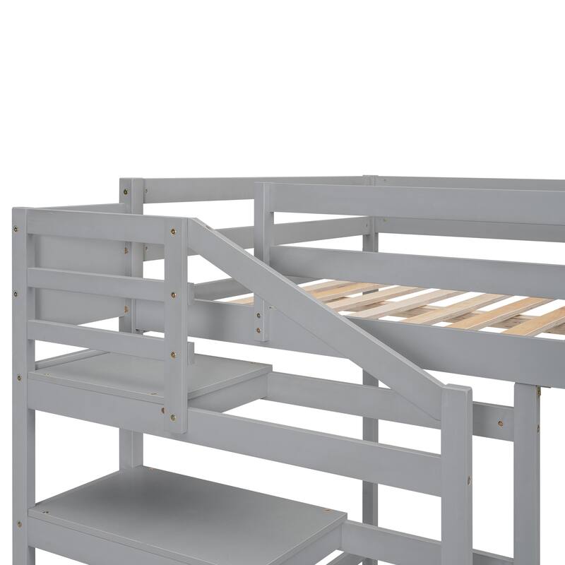 Full Size Loft Bed with Shelves Stairs and Hanger, Wooden Loftbed Frame for Bedroom Sturdy Wood Loft Full Size Frame Bed