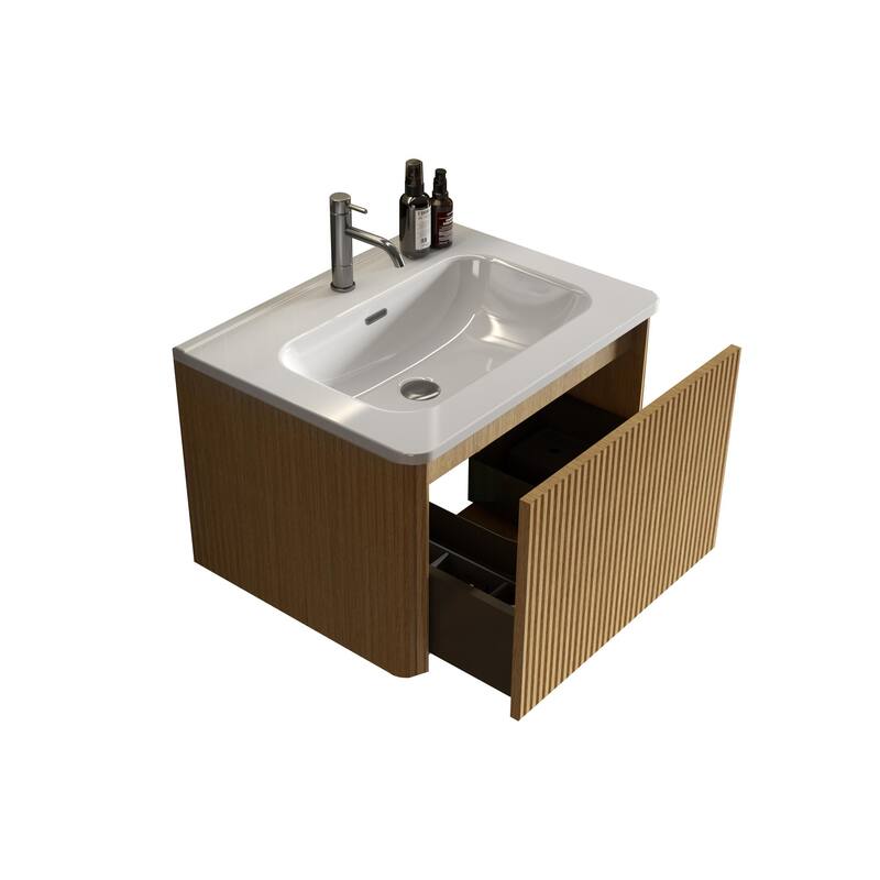 24 Inch Striped Walnut Bathroom Vanity with White Ceramic Sink,Wall Mounted Floating Bathroom Vanity for Modern Bathroom