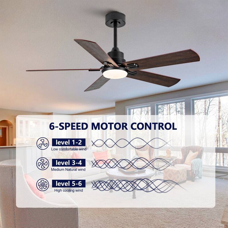 Smart 52" Indoor/Outdoor Ceiling Fan with Light, Dual Finish Black/Walnut 6-Blade, Remote & APP Control, Dimmable LED