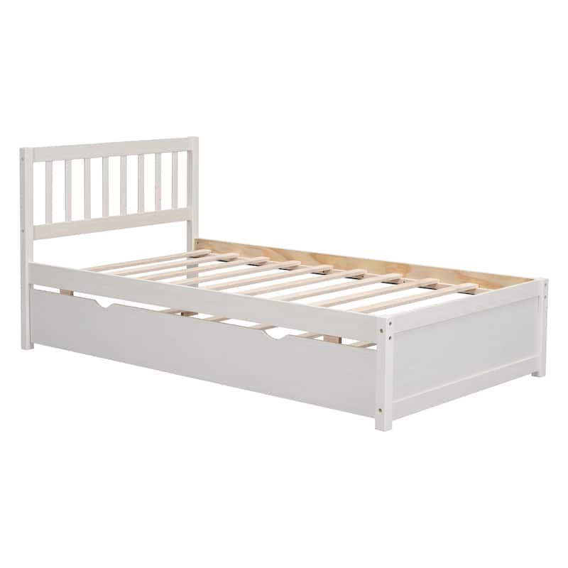 Modern Wooden Twin Size Platform Bed Frame with Trundle Bed, Slats