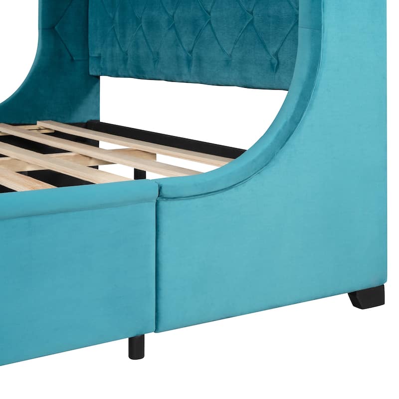 Queen Size Storage Bed Velvet Upholstered Platform Bed with Wingback Headboard and Large Drawer