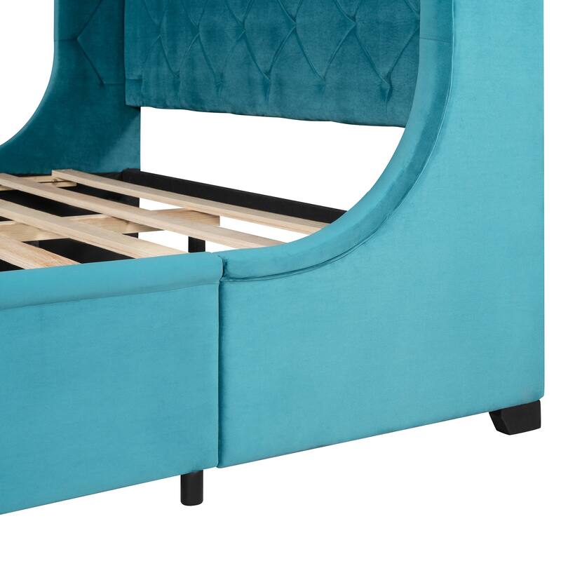 Velvet Upholstered Bed Platform Bed Frame Queen Size Wingback Bed with Tufted Headboard and Large Storage Drawer