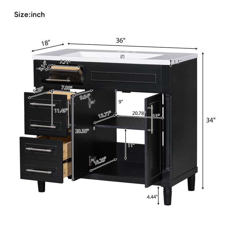 36'' Bathroom Vanity with Resin Sink, Freestanding Bathroom Storage Cabinet with 2 Drawers, a Tip-out Drawer & Adjustable Shelf