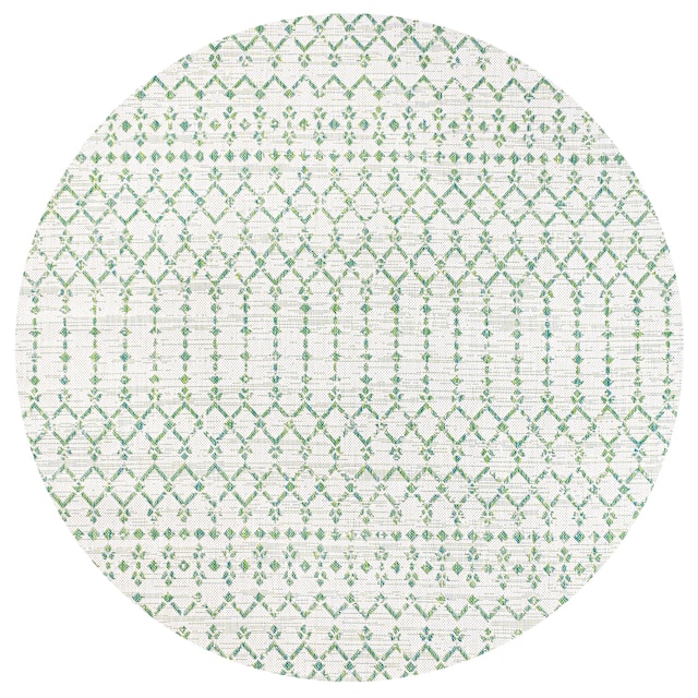 JONATHAN Y Trebol Moroccan Geometric Textured Weave Indoor/Outdoor Area Rug - 5' Round - Green/Ivory