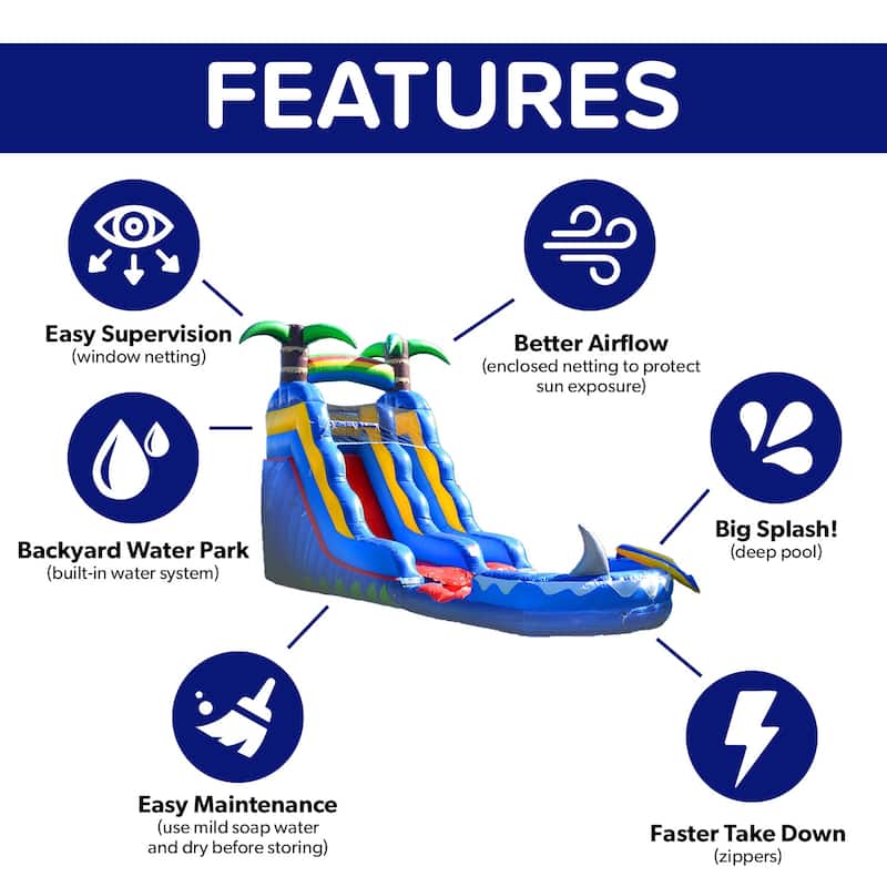 HeroKiddo 15' Ocean Shark Commercial Grade Inflatable Water Slide with Attached Splash Pool (No Blower Included), Outdoor Fun