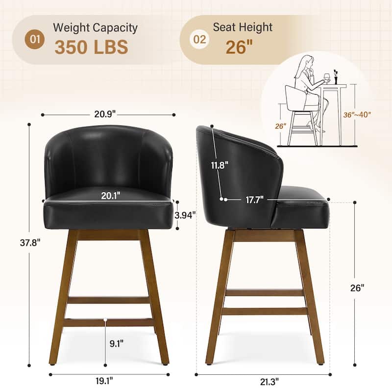 26 Inch Upholstered Swivel Counter Height Bar Stools with Back and Solid Wood Frame - 37.8"H x 20.9"W x 21.3"D
