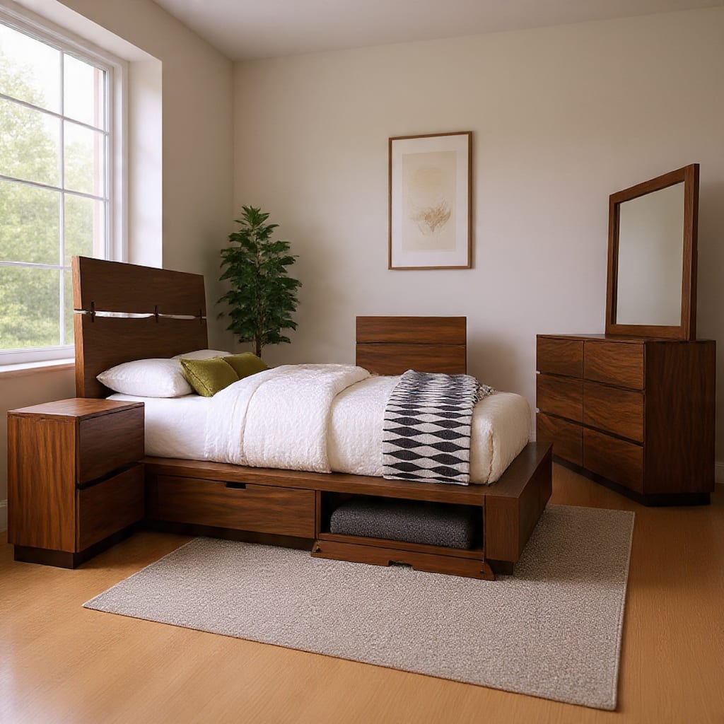 Zeko 5pc Queen Bedroom Set with Storage, Live Edge Smoky Walnut Brown