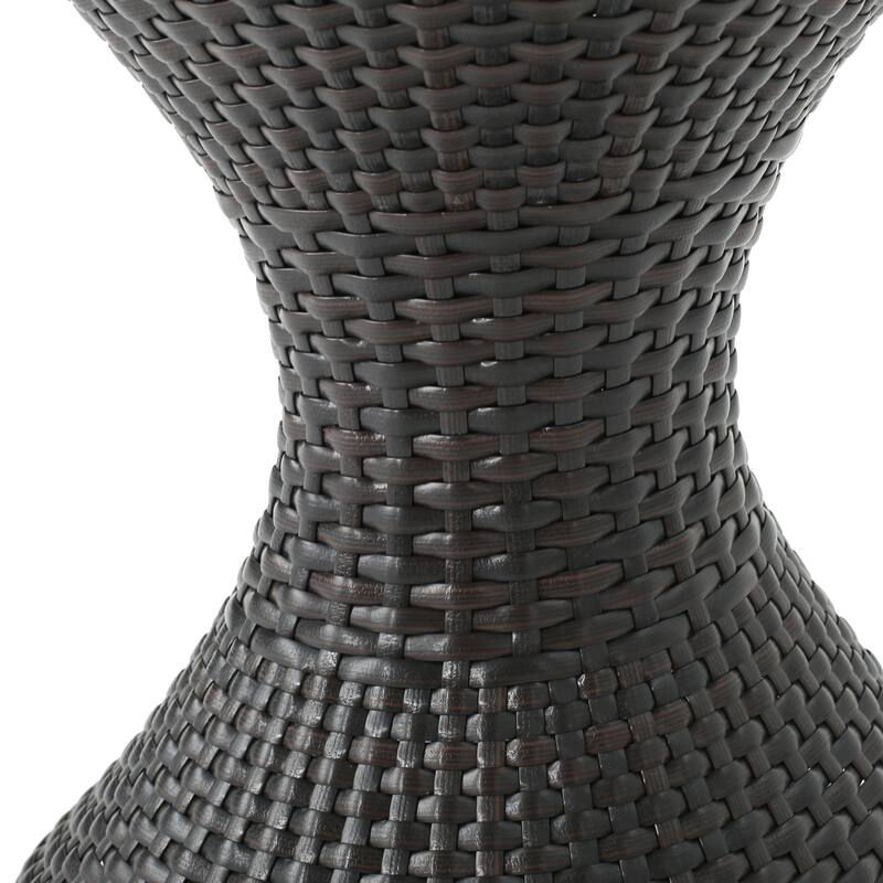 Deno Patio Side End Table, 16 Inch Iron, Hourglass Shape, Brown Wicker