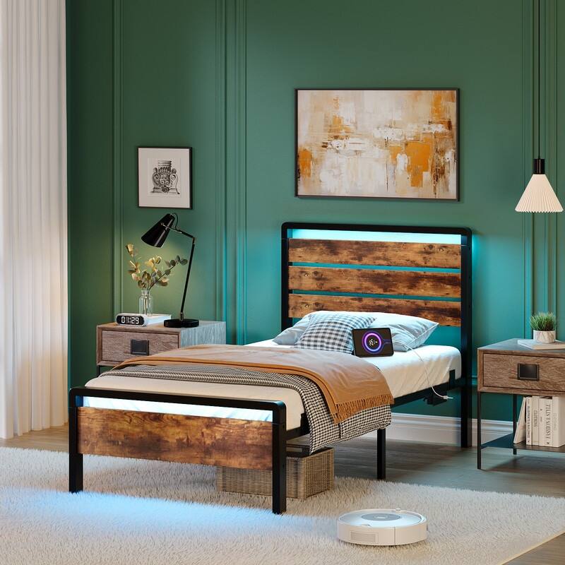 Bed Frame with LED Light and Charging Station, Metal Platform Bed with Wood Headboard - Brown - Twin
