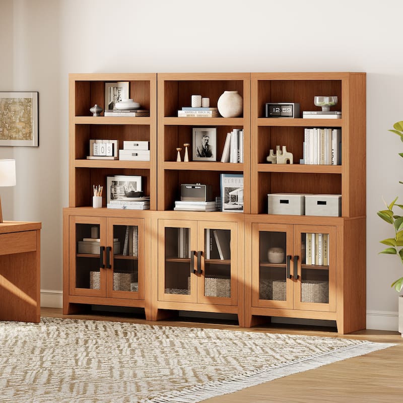 WAMPAT 3 Tier Bookshelf with Glass Door, 74" Tall Bookcase with Adjustable Shelf and Storage Cabinet, Farmhouse Wooden Bookshelf