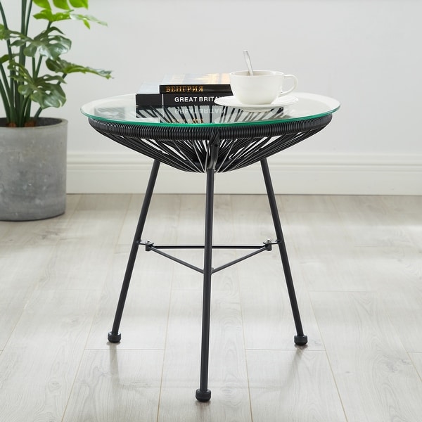 Corvus Sarcelles Modern Woven Wicker Patio Side Table with Glass