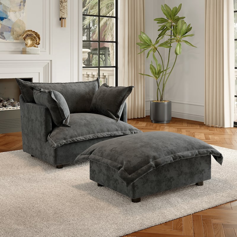Modern Cloud Chaise Longue Accent Chair with Ottoman set - Dark Grey - Arm Chair+Ottoman