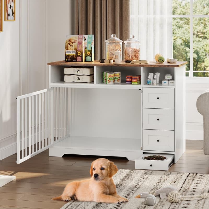 48" Farmhouse Dog Kennel Crate Furniture End Table with Bowl Storage Drawers