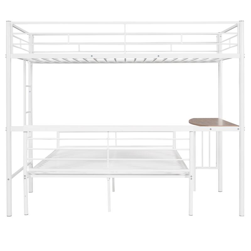 Twin Over Full Metal Bunk Bed with Desk, Ladder and Quality Slats for Bedroom, Metallic White