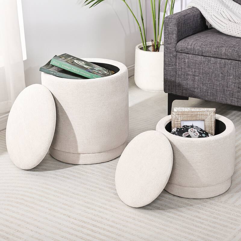 Adeco 2-Piece Round Fabric Storage Ottoman Set with Removable Lids