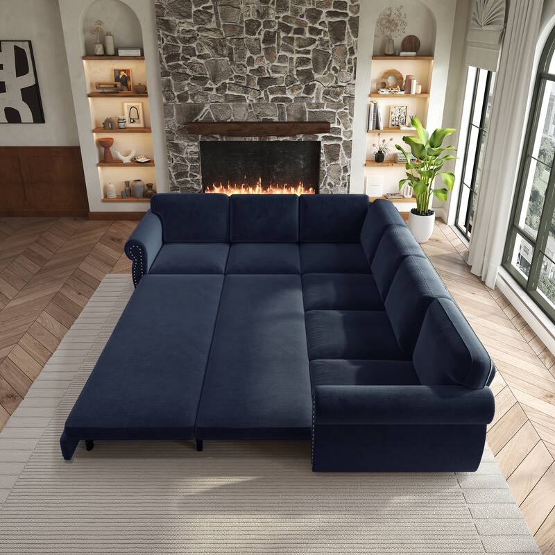 L-Shaped Sectional Sofa with Pull-Out Bed, Oversize Convertible Sleeper Sofa with Rolled Arms, Chenille Upholstery