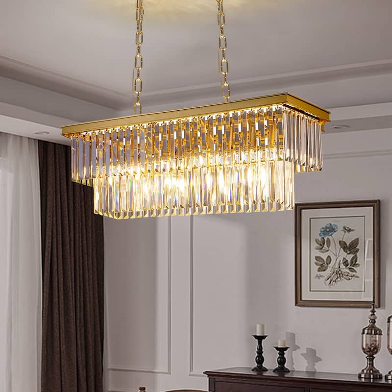 Gold Rectangle Crystal Chandelier, Luxury Pendant Light for Dining Room, Bulbs Included