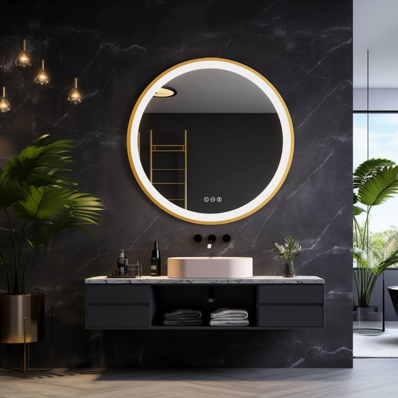 Gold Framed LED Wall Bathroom Vanity Mirror 3 Color Dimmable Anti Fog