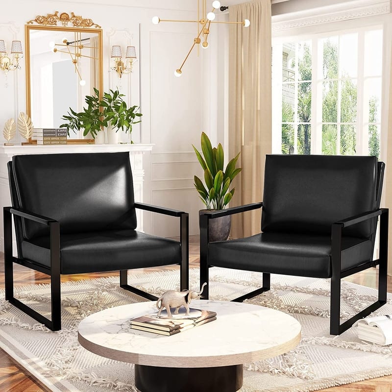 Eureka Modern Vintage Upholstered PU Leather Armchairs, Mid Century Accent Chairs with Steel Frame, Leisure Chairs (Set of 2)