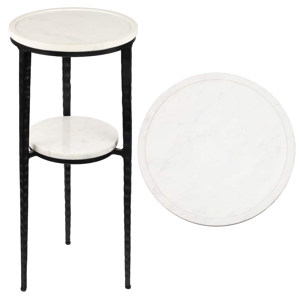 Seraphina 24.75″ 2‑Tier Metal Frame Drink & End Table w/ White Marble Round Top, By JONATHAN Y