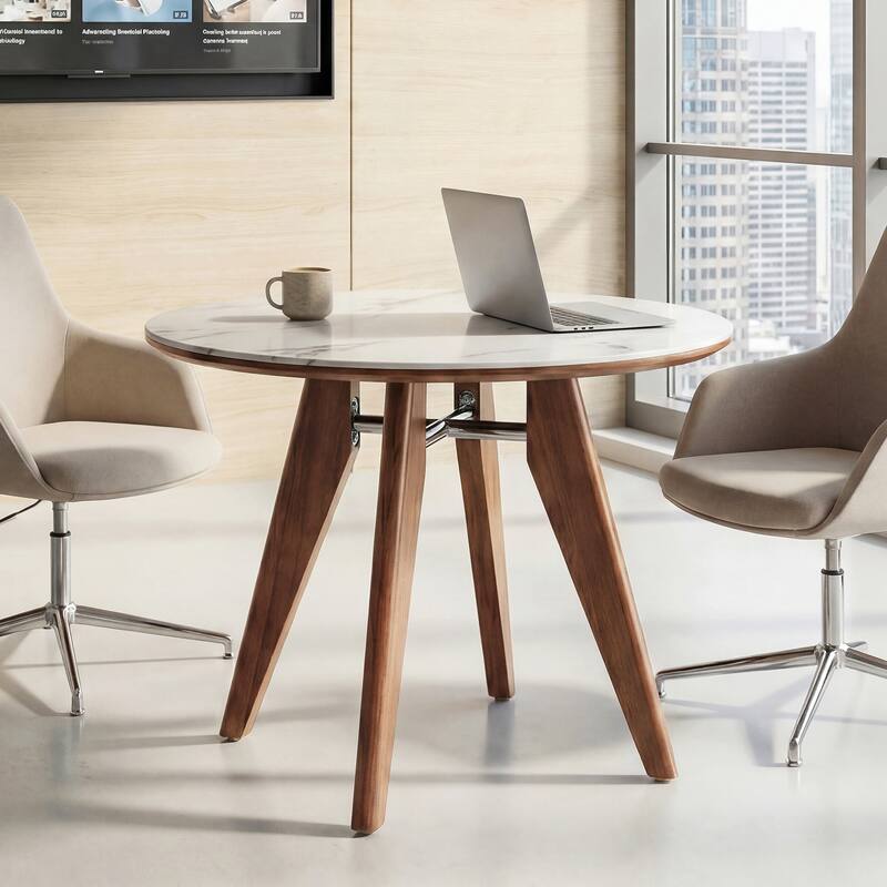 31.5-Inch Small Conference Table, Round Solid Wood Home Office Table - White+Brown
