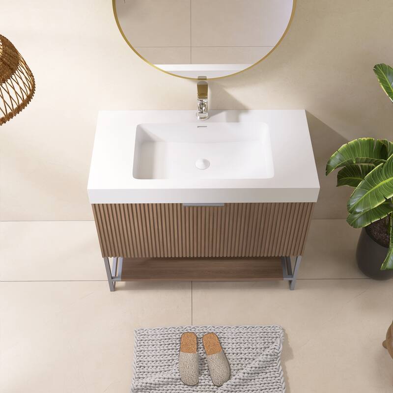 Freestanding Bathroom Vanity in Brown Oak with White Integrated Solid Surface Sink