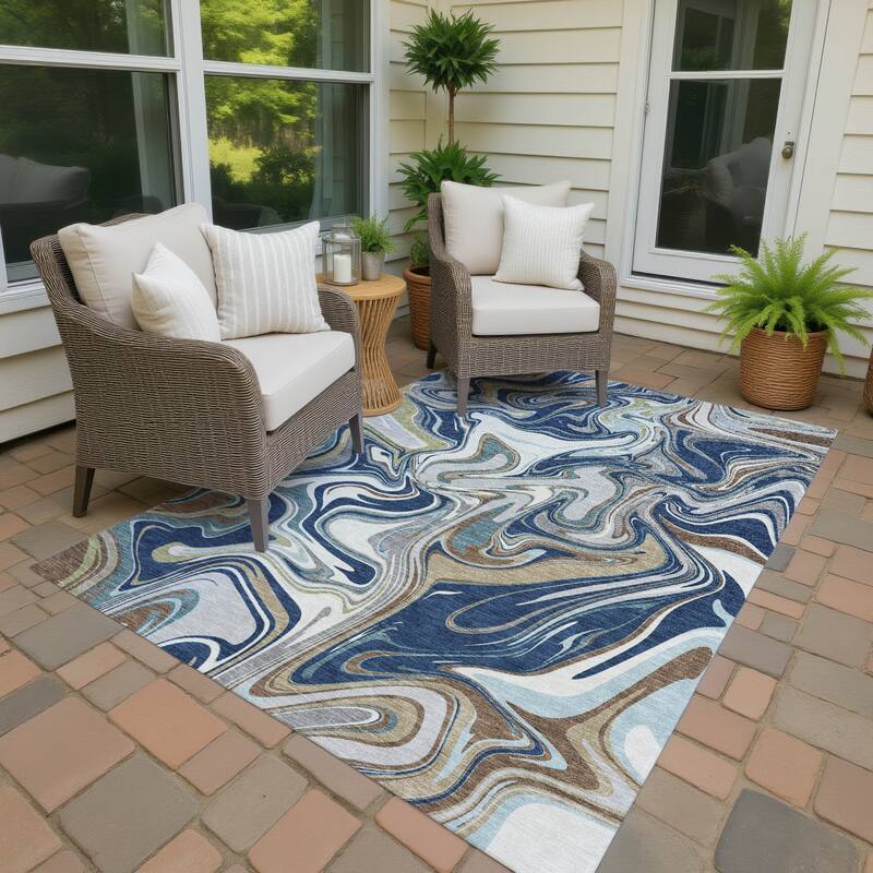 Machine Washable Indoor/ Outdoor Contemproary Fusion Chantille Rug - Navy - 5' x 7'6"