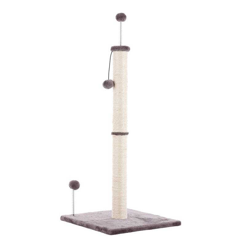 Rylie 38" Farmhouse Sisal Pillar Cat Scratching Post with Fuzzy Toys and Spring Balls, Gray/Cream