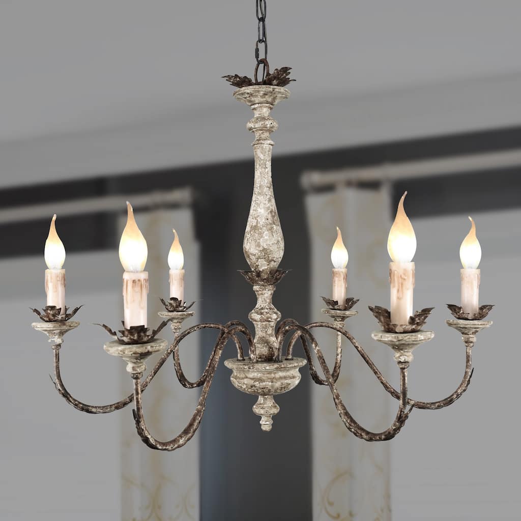 Oaks Aura French Traditional Elegant Iron and Wood Chandelier, 6-Light Rustic Bronze Pendant Lighting with Adjustable Chain