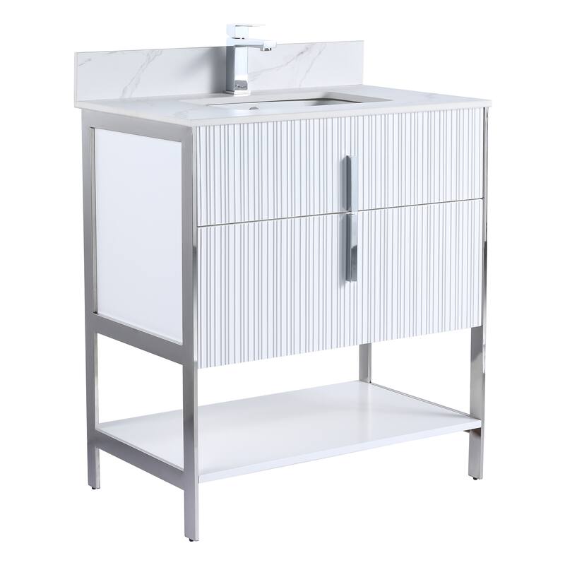 Fine Fixtures Serenity Modern Bathroom Vanity with White Carrara Stone Top - White Matte - Chrome Hardware - 30 inch