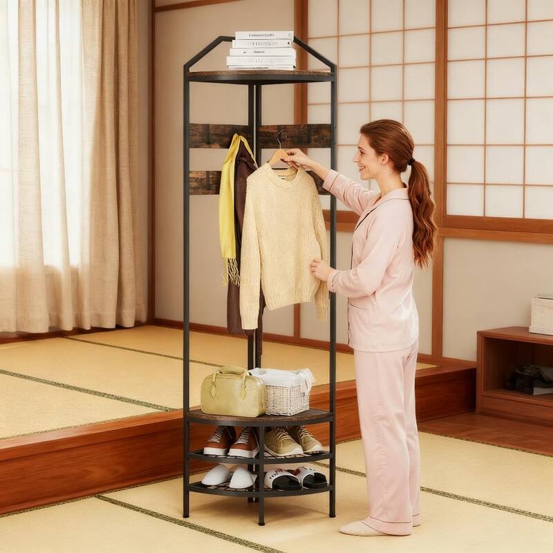 Industrial-Style Corner Coat Rack with Shoe Rack, 8 Movable Hooks and 2 Shelves, for Bedroom Living Room
