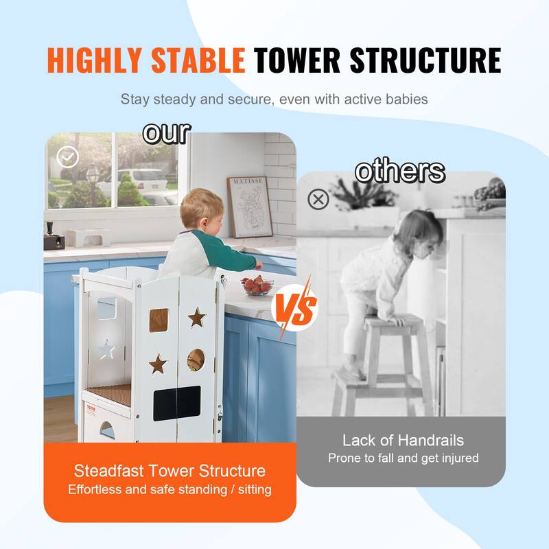 VEVOR Tower Step Stool, 3-Level Height Adjustable Toddler Step Stools for Kids, Stool with Safety Rail