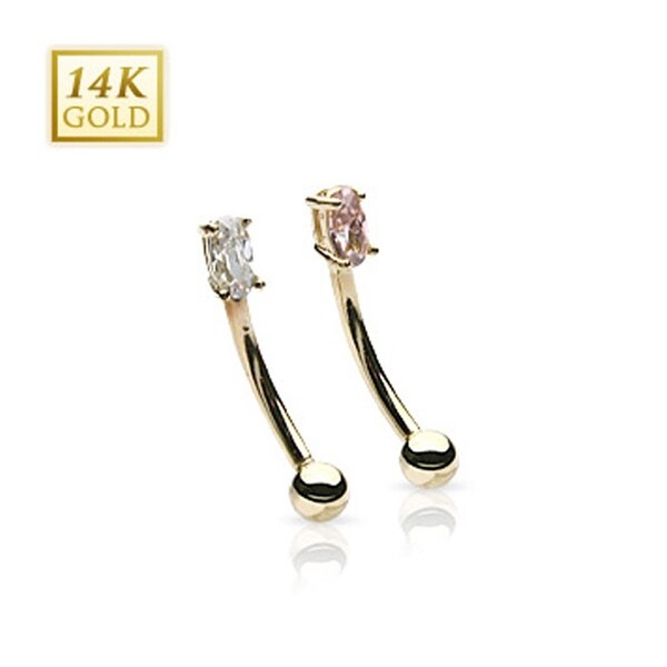 14 Karat Solid Yellow Gold Oval Marquise CZ Prong Eyebrow Curve Ring - 16GA 3/8" Long (Sold Ind.)