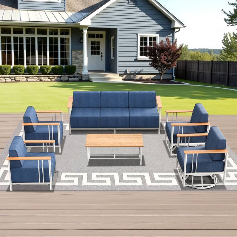 Outdoor Patio Funiture Set with Extra-Thick Seat cushion - White & BLue Cushion - 6PCS Sofa Chair with Table