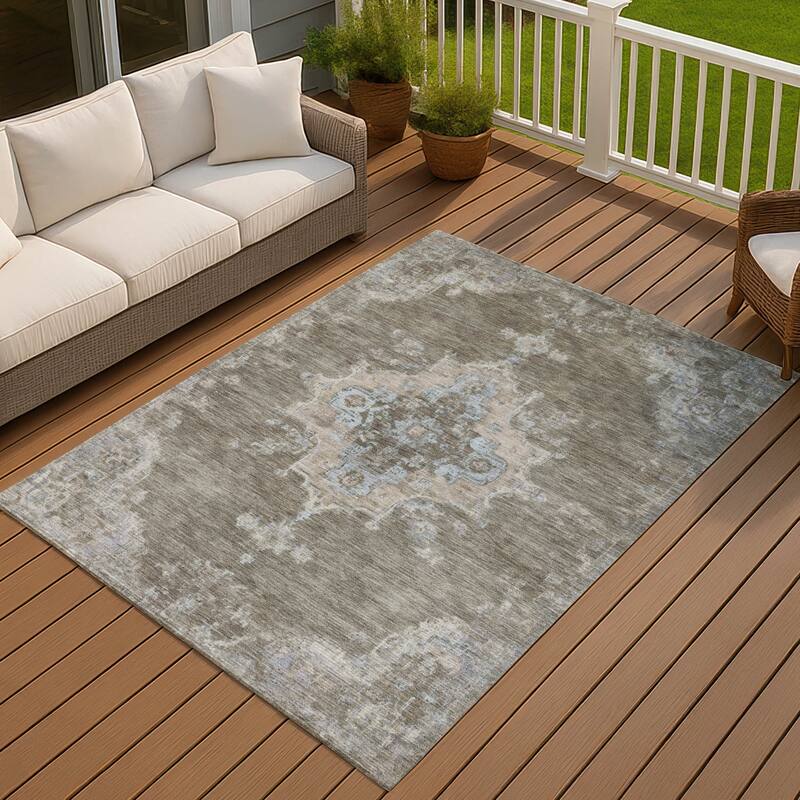 Machine Washable Indoor/ Outdoor Traditional Tabriz Chantille Rug - Brown - 9' x 12'