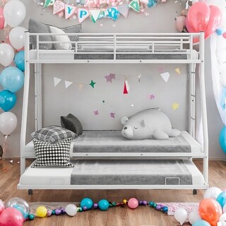 Twin over Full Bed Bunk Bed with Twin Size Trundlle, Two-Side Ladders,White
