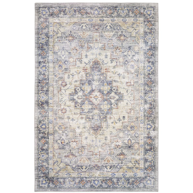 Newport Blue Gold Oriental Distressed Traditional Casual Area Rug