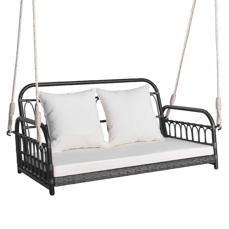 Outdoor Patio Swing Chair Hanging Seat Wicker Loveseat Cushioned - Mix Grey+Off White