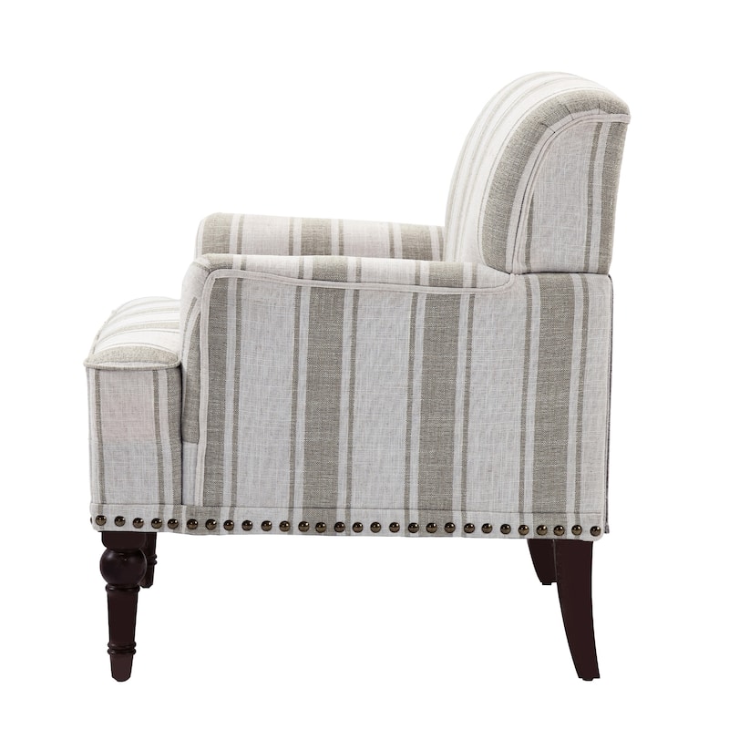 Set of 2 Stripe Linen Accent Arm Chairs with Nailhead Trim and Wood Legs