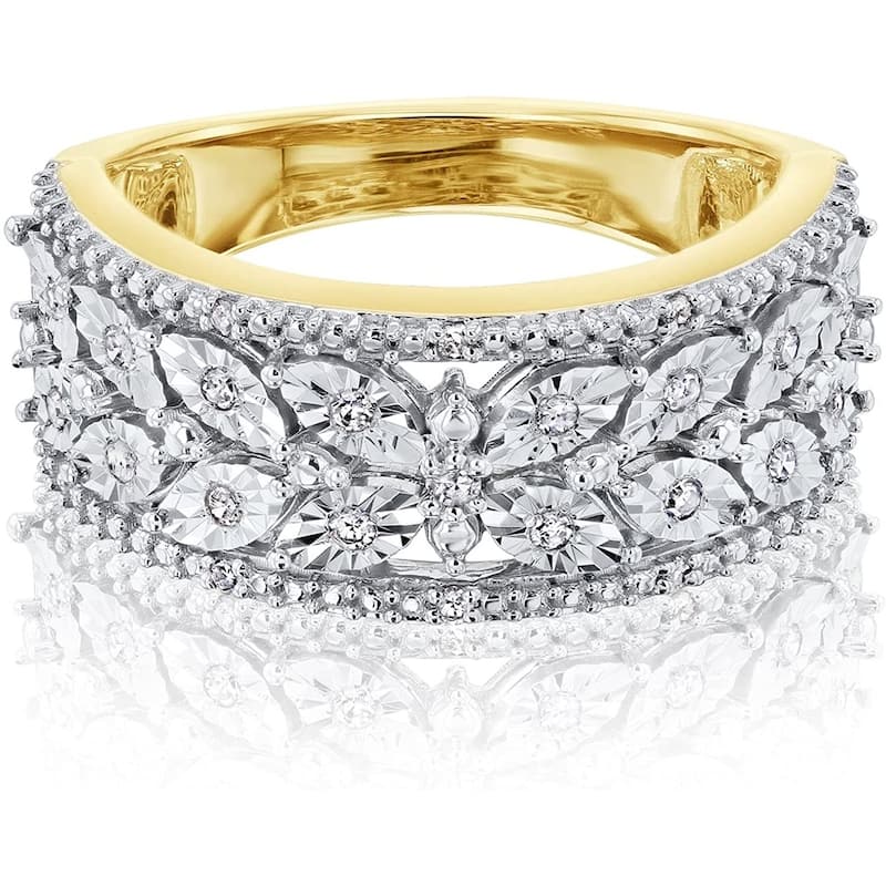Kobelli 1/10 Carat Natural Diamond 10k Solid Two Tone Gold Vintage Style Wide Butterfly Ring - 10.5 - Yellow/White/Two-Tone