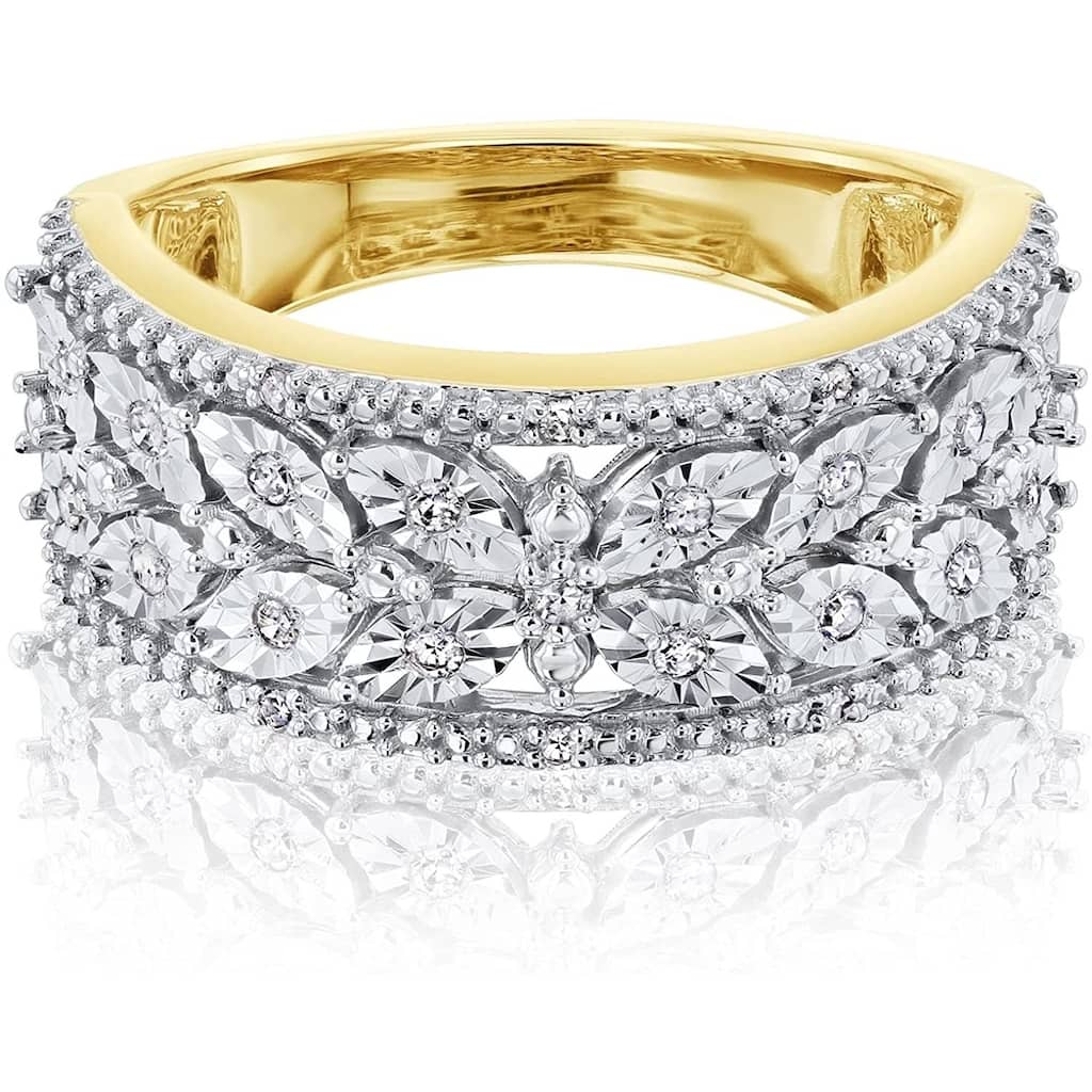 Kobelli 1/10 Carat Natural Diamond 10k Solid Two Tone Gold Vintage Style Wide Butterfly Ring