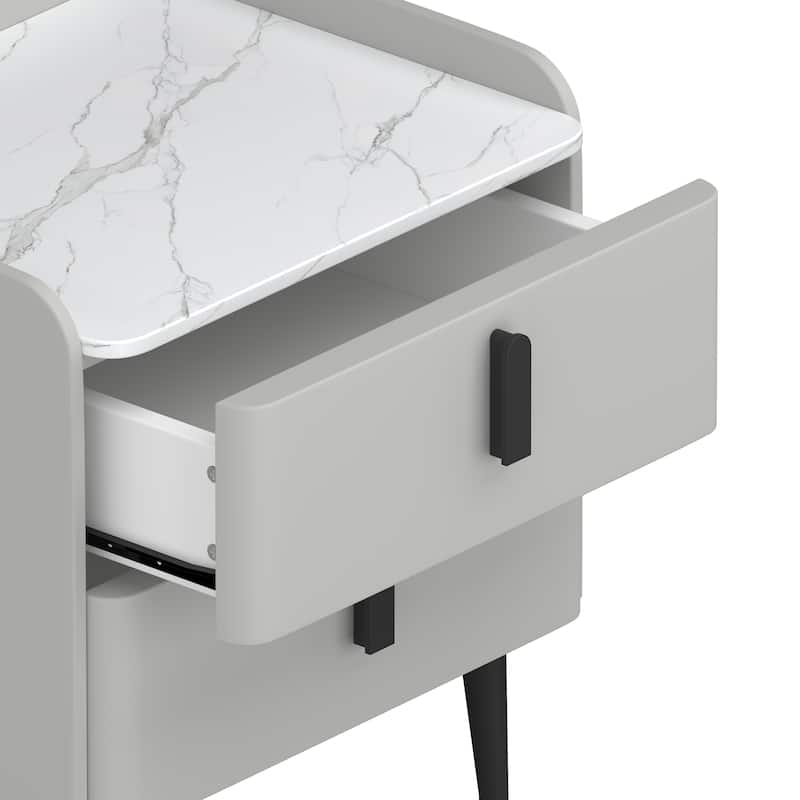 Nightstands Set of 2: 2-Drawer Marble-Pattern Top Modern Bedside/End Table - Gray